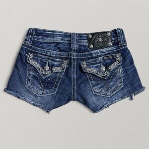 Miss Me Dark Blue Jean Shorts with Embellished Pockets
